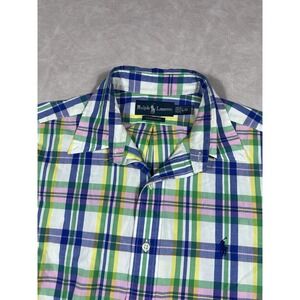 Ralph Lauren Plaid Shirt Size Large Blue Green White Shirt Sleeve Button Up VTG